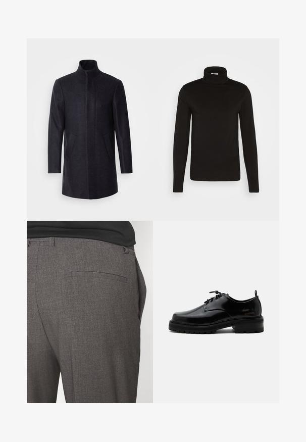 Isaac Dewhirst NEW COMFORT FUNNEL NECK COAT - Korte frakker - navy; Sort turtleneck langærmet skjorte lavet af et glat stof med en tætsiddende design og en høj, tætsiddende krave. Ingen mønstre eller accenter synlige.; Grå skræddersyede bukser med en glat tekstur, udstyret med en enkelt baglomme og et slim fit design. Stoffet har et subtilt mønster.; Sort poleret læder snørestøvle med tyk gummisål og lav hæl, sideskilt med mærketekst "SAMSOE" og bageste træksnor.