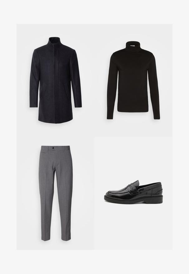 Isaac Dewhirst NEW COMFORT FUNNEL NECK COAT - Krátky kabát - navy; Čierny rolák s dlhým rukávom vyrobený z hladkej látky s priliehavým strihom a vysokým, tesným golierom. Žiadne vzory ani akcenty nie sú viditeľné.; Šedé nohavice s presným strihom a hladkou textúrou, so zapínaním na jeden gombík, prednými vreckami a úzkym strihom.; Čierne kožené mokasíny s hladkým povrchom, zaoblenou špičkou, nízkym podpätkom a dekoratívnym prešívaním na prednej strane. Gumová podrážka pre lepšiu priľnavosť.