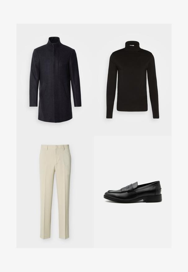 Isaac Dewhirst NEW COMFORT FUNNEL NECK COAT - Krátky kabát - navy; Čierny rolák s dlhým rukávom vyrobený z hladkej látky s priliehavým strihom a vysokým, tesným golierom. Žiadne vzory ani akcenty nie sú viditeľné.; Béžové prispôsobené nohavice s rovnými nohavicami, opaskovými očkami a predným zipsom, vystavené na jednofarebnom svetlom pozadí.; Čierny kožený pánsky mokasín s detailom strapcov, zaoblenou špičkou, nízkym podpätkom a hladkým lešteným povrchom, zobrazený zboku na bielom pozadí.