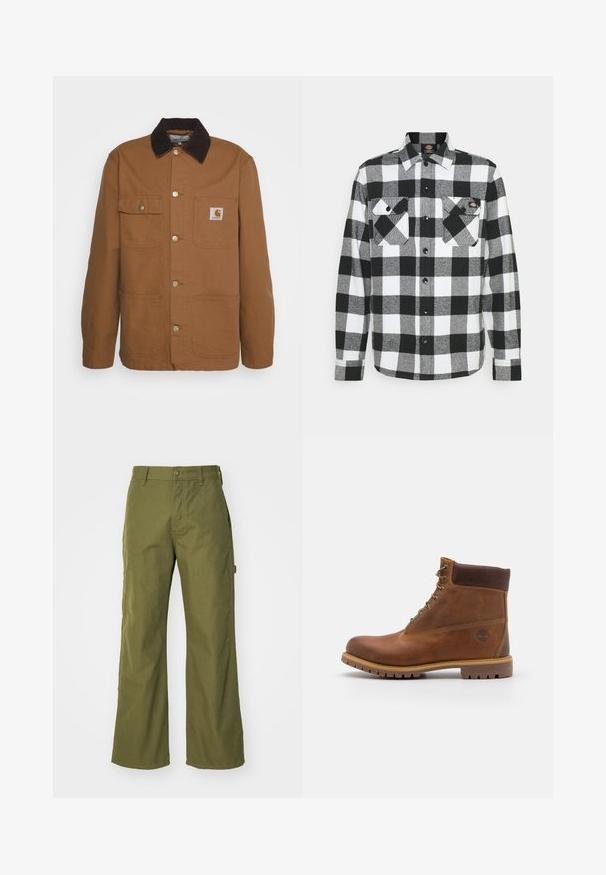 Brown work jacket made of durable fabric with a corduroy collar, featuring four pockets and metal buttons on the front.; Black and white flannel shirt with a checkered pattern, featuring two chest pockets, button-up front, and a collar. Soft, textured fabric.; Olive green wide-leg pants made from durable fabric, featuring a button closure, side pockets, and a straight hem design.; Brown leather hiking boot with a smooth finish, padded ankle, metal eyelets, and a rubber sole featuring a rugged tread pattern.