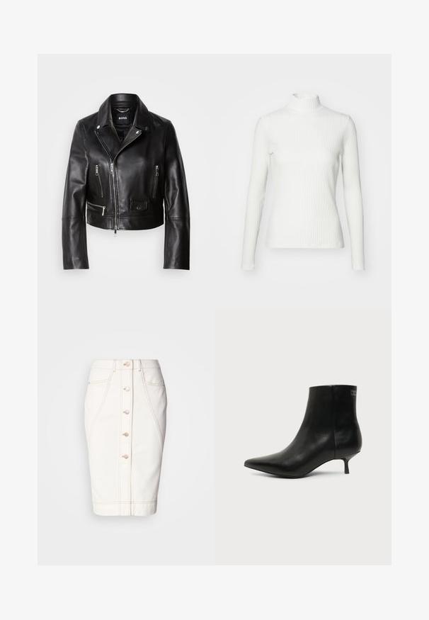 Chaqueta de cuero negro estilo motero con cuello, frente con cremallera y múltiples bolsillos. Diseño moderno y elegante, apto para uso informal.; Top de cuello alto blanco con canalé y mangas largas, fabricado en una tela elástica. Presenta un diseño ajustado y un escote alto para mayor cobertura.; Falda de mezclilla blanca con cierre de botones en la parte delantera, costuras visibles y silueta de lápiz. Sin bolsillos visibles. Textura suave.; Botín de piel negra con puntera puntiaguda y tacón bajo estilo kitten sobre fondo claro, mostrando vista lateral exterior.