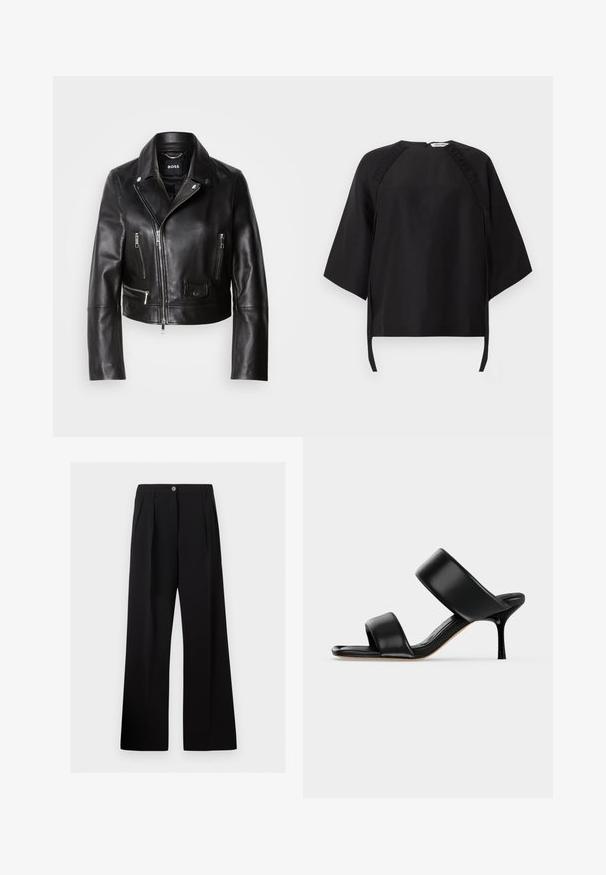 Zwarte leren motorjack met een kraag, ritssluitingen aan de voorkant en meerdere zakken. Stijlvol, modern ontwerp dat geschikt is voor casual draag.; Zwarte losvallende blouse met brede driekwartmouwen, ronde halslijn en geplooide details langs de schoudernaden.; Zwarte broek met hoge taille en wijde pijpen, voorplooien, riemlussen en knoopsluiting in de tailleband.; Zwarte leren mule sandaal met twee brede banden en een slanke, middelhoog stilettohak op een effen lichte achtergrond.