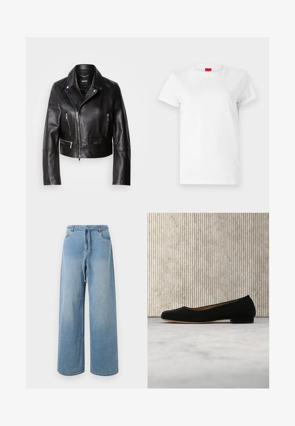 Zwarte leren motorjack met een kraag, ritssluitingen aan de voorkant en meerdere zakken. Stijlvol, modern ontwerp dat geschikt is voor casual draag.; Witte T-shirt met korte mouwen, gemaakt van lichtgewicht katoen. Heeft een ronde hals en opgerolde mouwen. Rode merketiket op de kraag.; Lichtblauwe denim wijde pijpen jeans met een hoge taille, voorzien van voorzakken, een strikriem en een vervaagde textuur.; Zwart ballerina schoentje zwevend boven beige tapijt met een ronde bruine tafel op de achtergrond.