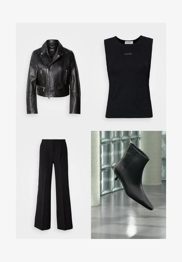 Chaqueta de cuero negro estilo motero con cuello, frente con cremallera y múltiples bolsillos. Diseño moderno y elegante, apto para uso informal.; Top negro sin mangas de tejido suave. Presenta un cuello redondo y un pequeño logo de Calvin Klein en el centro. Diseño simple y ajustado.; Pantalones negros de tejido suave, con cintura alta, silueta de pierna ancha y dos pliegues frontales para añadir detalle de diseño.; Botín negro de cuero con punta puntiaguda y tacón bajo estilo kitten, mostrado en ángulo sobre un suelo pulido y con una pared de bloques de vidrio de fondo.