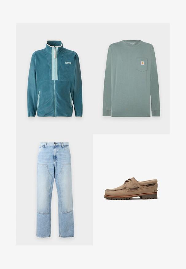 Türkisfarbene Fleece-Jacke mit durchgehendem Reißverschluss und Stehkragen, hellblaue Reißverschluss-Innenverkleidung, seitlichen Taschen und Columbia-Logo auf der Brust.; Langärmliges Hemd aus hellgrüner Baumwolle mit Rundhalsausschnitt, versehen mit einer linken Brusttasche und einem orange-weißen Logo-Patch.; Hellblaue Denim-Jeans mit hoher Taille, großen vorderen Pattentaschen, Knopfleiste und geraden, weitem Bein.; Beiger Wildleder-Bootsschuh mit Schnürung, robusten Sohlen, Leder-Schnürsenkeln und gepolstertem Kragen, mit Timberland-Logo an der Seite.