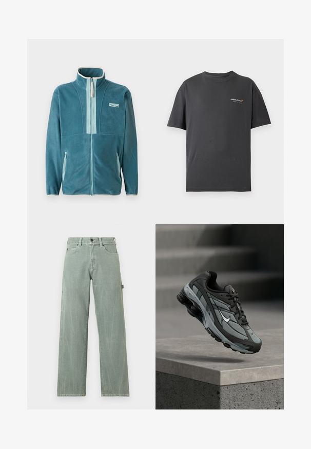 Chaqueta de forro polar de color verde azulado con cremallera completa y cuello alto, forro de cremallera en azul claro, bolsillos laterales y logo de Columbia en el pecho.; Camiseta de manga corta de color gris oscuro con pequeño logo blanco y naranja del equipo McLaren de Fórmula 1 en el pecho izquierdo.; Jeans anchos de pierna en verde claro, hechos de denim, con un diseño clásico de cinco bolsillos y detalles sutiles desgastados.; Zapatilla deportiva gris y negra con paneles de malla y suela gruesa, posicionada en el aire sobre un saliente de hormigón con escaleras de fondo.