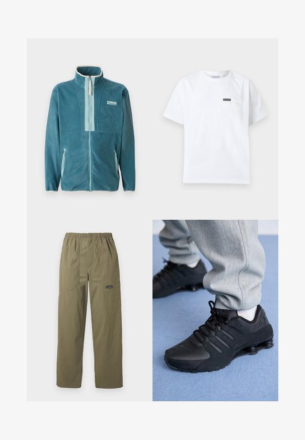 Chaqueta de forro polar de color verde azulado con cremallera completa y cuello alto, forro de cremallera en azul claro, bolsillos laterales y logo de Columbia en el pecho.; Camiseta blanca de manga corta con cuello redondo y pequeño bolsillo en el pecho con un parche negro del logo de Columbia.; Pantalones rectos de color verde oliva con cintura elástica, bolsillos frontales parche, cierre con botón y logo de Columbia en el bolsillo derecho.; Persona vestida con zapatillas Nike Shox negras y pantalones de chándal grises, de pie sobre una alfombra azul claro.
