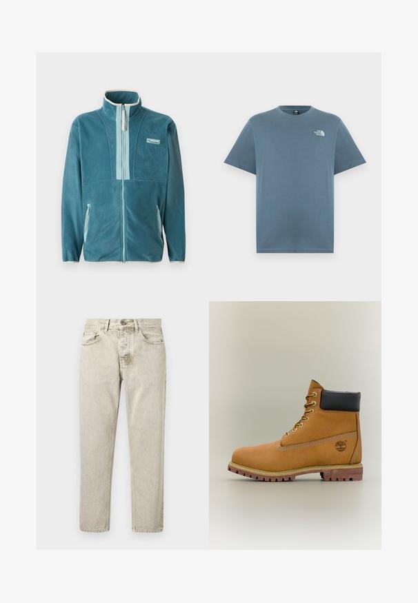 Türkisfarbene Fleece-Jacke mit durchgehendem Reißverschluss und Stehkragen, hellblaue Reißverschluss-Innenverkleidung, seitlichen Taschen und Columbia-Logo auf der Brust.; Blaues T-Shirt mit Rundhalsausschnitt und kurzen Ärmeln, mit kleinem weißen The North Face-Logo auf der linken Brust.; Hellbeige gerade geschnittene Jeans aus Denim mit Taschen vorne und hinten, Gürtelschlaufen und einem Knopfverschluss an der Taille.; Brauner Leder-Stiefelette mit schwarzem Kragen, gelben Schnürsenkeln und hellbrauner Sohle. Verfügt über ein Logo und weiße Ziernähe. Robuste Profilsohle.