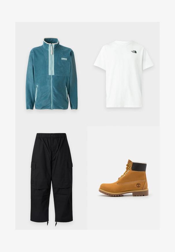 Türkisfarbene Fleece-Jacke mit durchgehendem Reißverschluss und Stehkragen, hellblaue Reißverschluss-Innenverkleidung, seitlichen Taschen und Columbia-Logo auf der Brust.; Weißes Baumwoll-T-Shirt mit kurzen Ärmeln und Rundhalsausschnitt, mit kleinem schwarzem The North Face-Logo auf der linken Brust.; Schwarze Cargo-Hose mit elastischem Bund, mehreren Taschen und Reißverschlüssen an den Knöcheln, mit einem lockeren, entspannten Schnitt.; Braune Leder-Ankle-Boots mit Metallösen, weißem Kunstfellfutter, schwarzem gepolstertem Kragen, robustem Sohlenprofil und geprägtem Logo an der Seite.