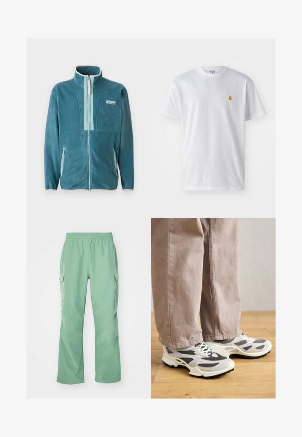 Türkisfarbene Fleece-Jacke mit durchgehendem Reißverschluss und Stehkragen, hellblaue Reißverschluss-Innenverkleidung, seitlichen Taschen und Columbia-Logo auf der Brust.; Weißes Baumwoll-T-Shirt mit kurzen Ärmeln, Rundhalsausschnitt, mit einem kleinen goldenen Logo im linken Brustbereich. Weicher Stoff und normale Passform.; Hellgrüne Cargo-Hose mit elastischem Taillenbund, aus einem glatten Material, mit zwei Seitentaschen und geradem Beinverlauf.; Person, der beiger weit geschnittener Hose und grau-weißen Sneakern steht auf einem Holzboden.