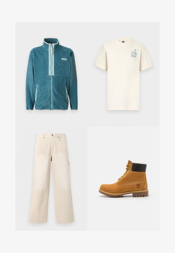 Türkisfarbene Fleece-Jacke mit durchgehendem Reißverschluss und Stehkragen, hellblaue Reißverschluss-Innenverkleidung, seitlichen Taschen und Columbia-Logo auf der Brust.; Cremefarbenes Baumwoll-T-Shirt mit kurzen Ärmeln, mit einem blauen Grafiklogo von The North Face und dem Text "Yosemite, CA" auf der Brust.; Beige weite Hosen mit Vordertaschen, Knopfverschluss und Gürtelschlaufen, vor einfachem weißem Hintergrund gezeigt.; Braune Leder-Ankle-Boots mit Metallösen, weißem Kunstfellfutter, schwarzem gepolstertem Kragen, robustem Sohlenprofil und geprägtem Logo an der Seite.