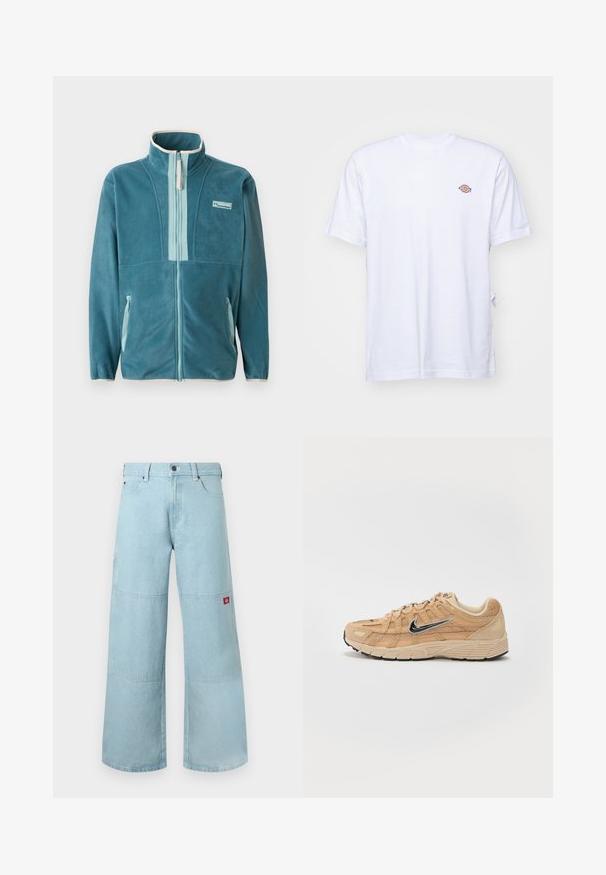 Chaqueta de forro polar de color verde azulado con cremallera completa y cuello alto, forro de cremallera en azul claro, bolsillos laterales y logo de Columbia en el pecho.; Camiseta de algodón blanca con cuello en V y mangas cortas. Presenta un pequeño logo bordado de colores en el lado izquierdo del pecho. Textura suave.; Vaqueros de pierna ancha en azul claro de mezclilla con parches contrastantes. Presentan un cierre frontal con botones y un pequeño parche con logo en el bolsillo lateral.; Zapatilla deportiva beige con materiales de malla y ante, silueta curva, suela negra, prominente logo plateado de Nike en el lateral y acentos texturizados.