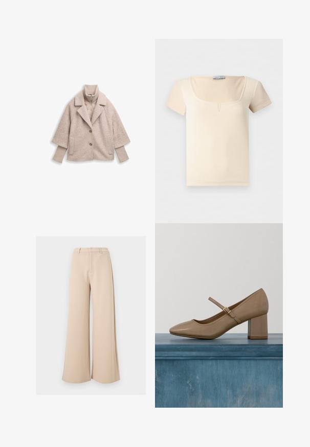 Veste surdimensionnée beige clair avec une texture duveteuse, revers en dent de chien, deux boutons et un col côtelé. Elle présente une couche intérieure matelassée.; Haut beige côtelé à manches courtes avec encolure carrée et petite découpe en V au centre devant par Anna Field.; Pantalon large beige taille haute avec passants pour ceinture et fermeture avant dissimulée sur fond blanc.; Escarpin en cuir beige à talon bloc avec bout arrondi et une bride décorative avec une boucle dorée. Texture lisse, design minimaliste.