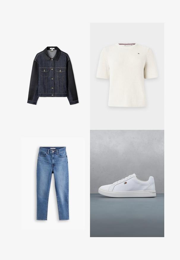 Jeansjacke mit schwarzen Stoffärmel, zwei Fronttaschen, goldfarbenen Knöpfen und einem schwarzen Kragen. Verfügt über eine dunkle Waschung und Kontrastnähte.; Weißer kurzärmeliger Strickpullover mit rundem Ausschnitt, ausgestattet mit einem kleinen Logo auf der Brust und einem strukturierten Stoff.; Blaue, hochgeschnittene Damenjeans mit vorderem Knopf- und Reißverschluss, Gürtelschlaufen und Fünf-Taschen-Design, flach auf weißem Hintergrund.; Weiße Sneakers aus glattem synthetischen Material, mit einer abgerundeten Spitze, flacher Sohle und einem minimalistischen Design mit einem kleinen Logo-Akzent.