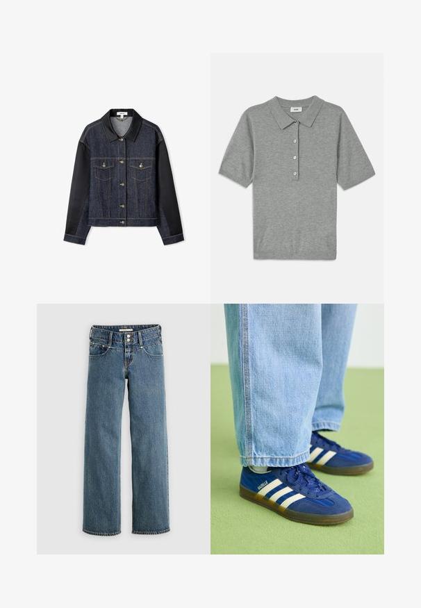 Jeansjacke mit schwarzen Stoffärmel, zwei Fronttaschen, goldfarbenen Knöpfen und einem schwarzen Kragen. Verfügt über eine dunkle Waschung und Kontrastnähte.; Graues Poloshirt aus weichem, strukturiertem Stoff mit Kragen, kurzen Ärmeln und einer Knopfleiste mit vier Knöpfen.; Blaue Jeans aus Denim mit gerade geschnittenen Hosenbeinen, ausgestattet mit einem Knopfverschluss, fünf Taschen und kontrastierenden Nähten entlang der Nähte.; Blaue Wildleder-Sneaker mit weißen Streifen und strukturierten Mustern, kombiniert mit hellblauen Jeans, vor einem grünen Hintergrund.