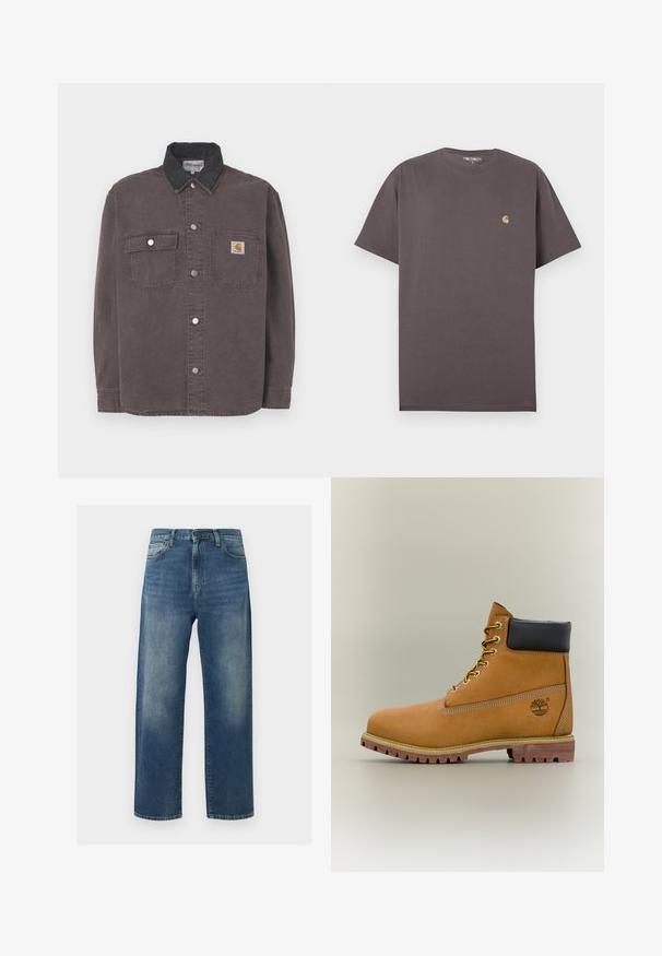 Langærmet skjorte i mørkegrå bomuld med en sort denimkrave. Har to brystlommer og sølvfarvede trykknapper. Carhartt-logo på lommen.; Enkelt mørkebrun T-shirt med korte ærmer og rund hals, med lille beige Carhartt-logo på venstre bryst, størrelse large.; Blå straight-leg jeans med falmede områder på lårene, fem-lomme-stil og lukning med knap og lynlås.; Brun læderankelstøvle med sort krave, gule snørebånd og tanfarvet sål. Har logo og hvide syninger som detalje. Robust ydersål med greb.