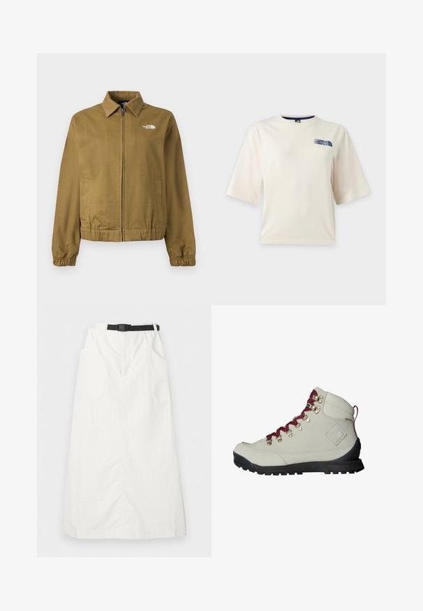 Veste zippée marron avec col, poignets élastiques, deux poches latérales et logo The North Face blanc sur la poitrine.; T-shirt blanc à manches courtes avec un petit logo bleu The North Face sur la partie supérieure gauche de la poitrine.; Jupe longue blanche avec taille élastique et ceinture noire réglable, dotée de poches latérales et d'une coupe droite.; Botte de randonnée beige avec des lacets rouges, des œillets en métal et une surface texturée. Elle possède une semelle noire robuste et un détail de logo distinct sur le côté.