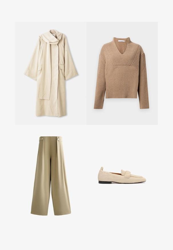Beige gewaad met een vloeiende vorm en brede mouwen. Gemaakt van lichtgewicht stof, met een grote kraag en twee voorzakken.; Beige geribbelde gebreide trui met een diepe V-hals, lange mouwen en een gestructureerd paneel op de borst. Korte lengte met een relaxte pasvorm.; Beige wijde broek met hoge taille en knoopsluitingen aan beide zijden van de tailleband, glad voorpand en volledig lange zoom.; Beige platte loafer met een gestructureerd, bontachtig oppervlak, zwarte zool en een brede band over het bovenste deel van de schoen.