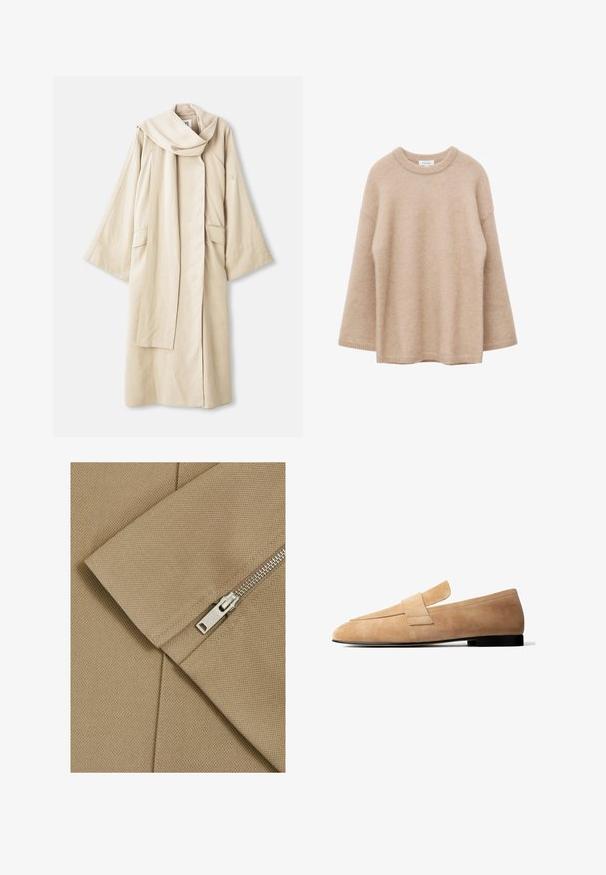 Beige Robe mit fließendem Design und weiten Ärmeln. Aus leichtem Stoff gefertigt, mit großem Kragen und zwei vorderen Taschen.; Beiger Pullover mit langen Ärmeln, Rundhalsausschnitt, weicher, flauschiger Textur und lockerem Schnitt, vor weißem Hintergrund dargestellt.; Beige Stoff mit strukturierter Oberfläche und diagonaler Naht, ausgestattet mit einem silbernen Reißverschluss und einem rechteckigen Zipper.; Hellbrauner Wildleder-Slipper mit niedrigem schwarzem Absatz und breitem Riemendetail über dem Spann, im Seitenprofil vor weißem Hintergrund dargestellt.