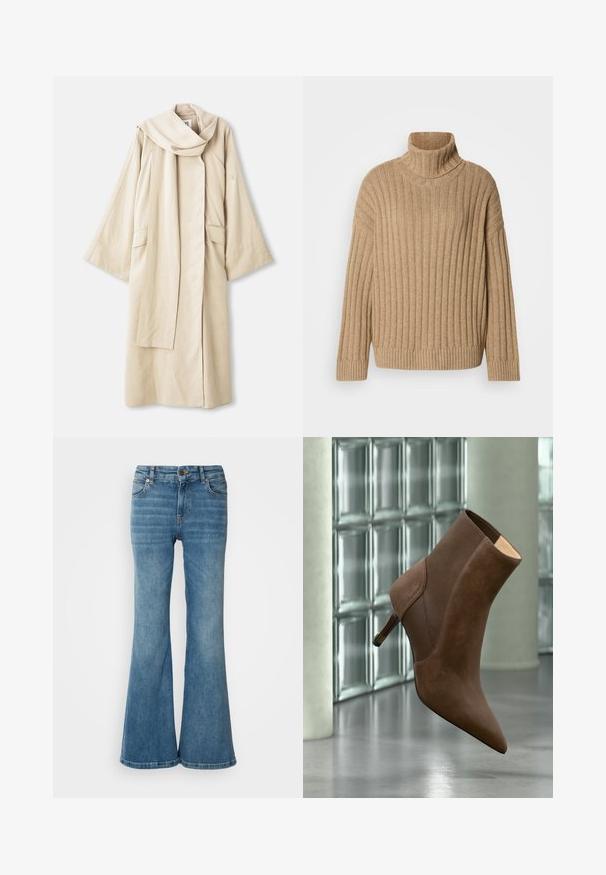 Beige gewaad met een vloeiende vorm en brede mouwen. Gemaakt van lichtgewicht stof, met een grote kraag en twee voorzakken.; Beige geribbelde coltrui met lange mouwen, voorzien van een gestructureerd breisel, brede kraag en aansluitende zoom. Gemaakt van zacht, warm materiaal.; Lichtblauwe flare jeans van denim, met vijf zakken, zichtbare stiksels en een knoop- en ritsluiting in de taille.; Bruine enkellaars met spitse neus en kitten heel, zwevend voor een glazen blokmuur en betonnen vloer.