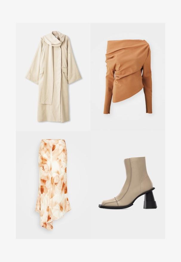 Beez žakett, millel on voolav disain ja laiad varrukad. Valmistatud kerge materjali, milles on suur krae ja kaks esist pocketit.; A.W.A.K.E. MODE OFF SHOUDER ASYMMETRIC LONGSLEEVE - Pluus - ginger; Pikk, voolav seelik kerge kangaga, millel on abstraktne muster maise tooniga - kreemjas valge, pehme oranž ja pruunid laigud.; Beežist nahast pahkluu saabaste ruudukujulise nina, nähtava õmbluse ja jämeda musta skulptuurse plokk-kontsaga valgel taustal.