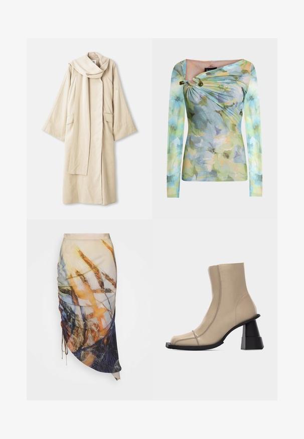 Beige gewaad met een vloeiende vorm en brede mouwen. Gemaakt van lichtgewicht stof, met een grote kraag en twee voorzakken.; Strak aansluitend shirt met lange mouwen, pastelbloemenpatroon, asymmetrische halslijn met twee groene kralen op de linkerschouder.; Materiel DIAGONAL GATHERED SKIRT - Kokerrok - golden hour; Beige leren enkellaars met vierkante neus, zichtbare stiksels en een stevige zwarte gevormde blokhak op een witte achtergrond.