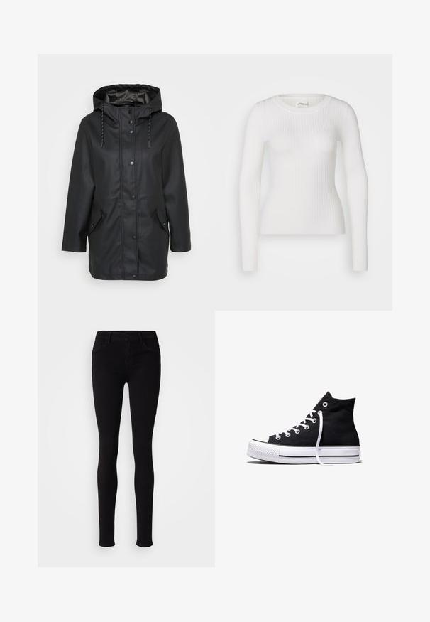 Schwarze wasserfeste Jacke mit Kapuze und Druckknöpfen auf der Vorderseite, verstellbarem Kordelzug an der Kapuze sowie zwei aufgesetzten Taschen mit Druckknopfverschlüssen.; Weißes langärmliges Rippoberteil mit rundem Halsausschnitt. Der Stoff ist glatt, mit einer subtilen Textur und einer figurbetonten Passform. Keine sichtbaren Beschläge oder Muster.; Schwarze, schlanke Hose im Slim-Fit-Stil mit Knopfverschluss, Gürtelschlaufen und Fronttaschen, auf einem schlichten, hellen Hintergrund präsentiert.; Schwarzer High-Top-Canvas-Sneaker mit weißer Gummisohle und weißen Schnürsenkeln, seitlich dargestellt vor weißem Hintergrund.