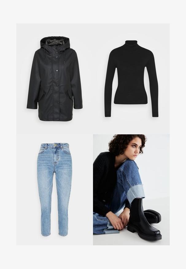 Schwarze wasserfeste Jacke mit Kapuze und Druckknöpfen auf der Vorderseite, verstellbarem Kordelzug an der Kapuze sowie zwei aufgesetzten Taschen mit Druckknopfverschlüssen.; Schwarzer Rollkragenpullover mit langen Ärmeln, gefertigt aus einem glatten Strickstoff. Hat ein tailliertes Design und einen gerippten Kragen.; Helle blaue Jeans aus Denim mit hoher Taille, geradem Bein und ausgebleichtem Textur. Verfügt über fünf Taschen sowie einen Knopf- und Reißverschluss.; Schwarze Knöchelstiefel mit elastischen seitlichen Einsätzen, dicker Sohle und quadratischer Zehenform. Getragen mit ausgebleichten blauen Jeans mit einem fransigen Saum.