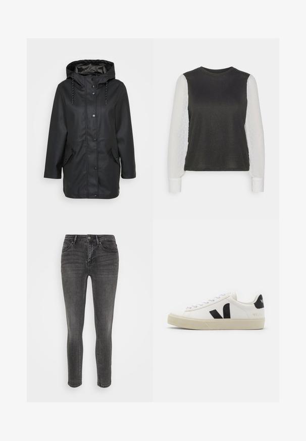 Sort vandtæt hættejakke med frontknapper, justerbar snorhætte og to klaplommer med trykknaplukninger.; ONLY Petite ONLAISSHA - Striktrøje - black/cloud dancer; Vero Moda Petite VMFLASH - Jeans Skinny Fit - medium grey denim; Hvide lædersneakers med sort gummiv V-logo. Tekstureret off-white sål, hvide snørebånd og bagside med brandnavn i sort.