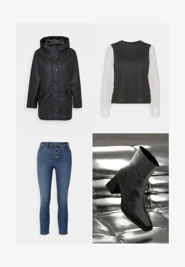 Veste noire imperméable à capuche avec boutons-pression à l'avant, capuche ajustable avec cordon de serrage et deux poches à rabat avec fermetures à pression.; ONLY Petite ONLAISSHA - Pullover - black/cloud dancer; Jean en denim bleu sombre avec une taille haute, fermeture à cinq boutons et légères décolorations. Ajustement slim avec poches standard et coupe droite.; Botte noire à la cheville en matériau brillant avec un bout carré et un talon effilé, sur un fond argenté brillant et capitonné.