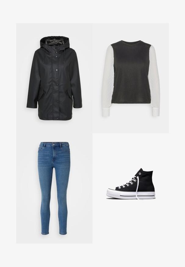 Veste noire imperméable à capuche avec boutons-pression à l'avant, capuche ajustable avec cordon de serrage et deux poches à rabat avec fermetures à pression.; ONLY Petite ONLAISSHA - Pullover - black/cloud dancer; Jean skinny en denim bleu moyen, avec une fermeture à bouton sur le devant, des passants de ceinture et une coupe cinq poches avec une texture lisse.; Baskets montantes en toile noire avec semelle en caoutchouc blanche et lacets blancs, vues de côté sur un fond blanc.