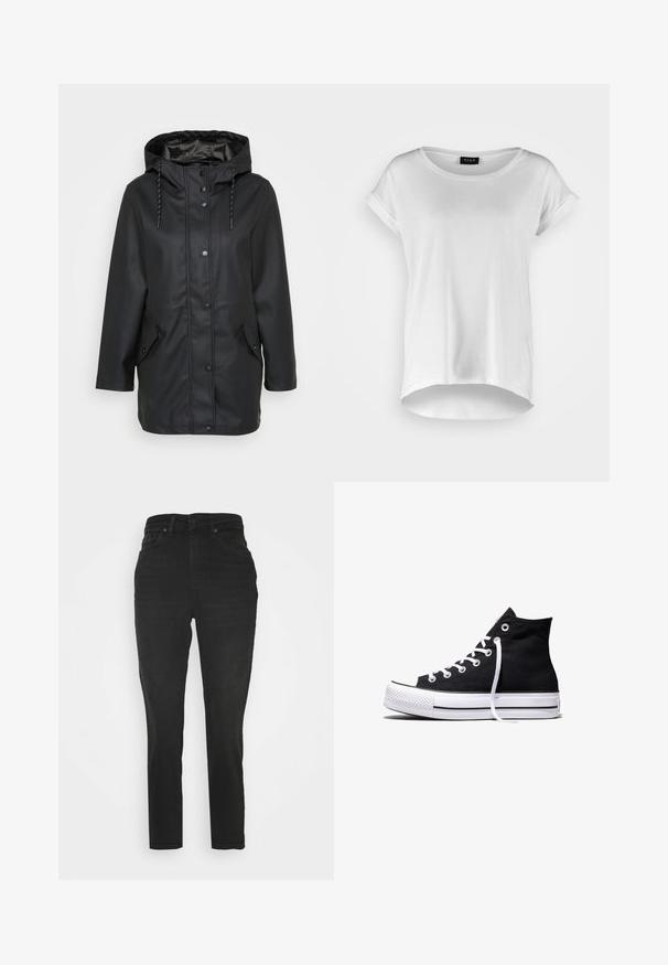 Μαύρο αδιάβροχο jacket με κουκούλα, μπροστινούς κουμπωτές κλαμπ, ρυθμιζόμενη κουκούλα με κορδόνι, και δύο τσέπες με καπάκι και κουμπώματα.; Λευκό κοντομάνικο μπλουζάκι με στρογγυλή λαιμόκοψη, ελαφρώς πιο μακρύ πίσω στρίφωμα, μαλακό βαμβακερό ύφασμα και κυλινδρικά μανίκια. Χωρίς ορατές εκτυπώσεις.; Μαύρα τζιν παντελόνια σε στενή γραμμή, ψηλή μέση, παραδοσιακό σχέδιο πέντε τσεπών και διακριτή υφή. Μήκος ως τον αστράγαλο με ελάχιστες μεταλλικές λεπτομέρειες.; Μαύρο καμβαδένιο αθλητικό παπούτσι ψηλό στον αστράγαλο με λευκή λαστιχένια σόλα και λευκά κορδόνια, απεικονιζόμενο από το πλάι σε λευκό φόντο.