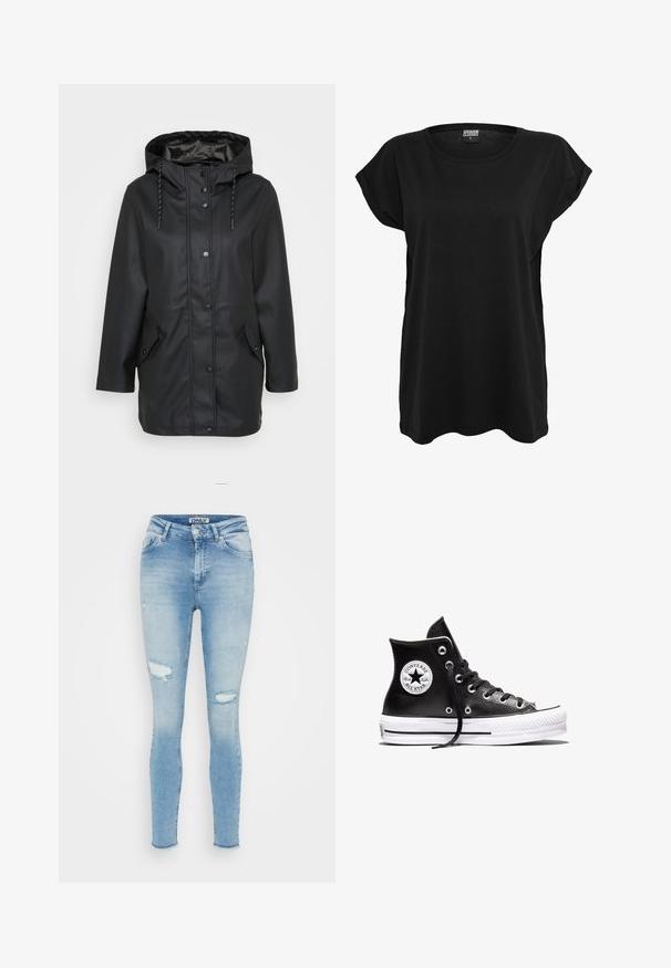 Schwarze wasserfeste Jacke mit Kapuze und Druckknöpfen auf der Vorderseite, verstellbarem Kordelzug an der Kapuze sowie zwei aufgesetzten Taschen mit Druckknopfverschlüssen.; Schwarzes Baumwoll-T-Shirt mit kurzen Ärmeln, rundem Halsausschnitt und lockerer Passform. Mit einem Etikett am Kragen. Glatte Oberfläche und einfaches Design.; Hellblaue Skinny-Jeans aus Denim mit ausgefransten Knien, hoher Taille und ausgefranstem Saum. Verfügt über normale Taschen und eine Metallknopfverschluss.; Schwarzer Converse Chuck Taylor All Star High-Top-Sneaker mit weißer Gummisohle und Logo-Aufnäher am Knöchel, dargestellt vor weißem Hintergrund.