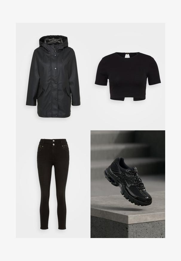 Veste noire imperméable à capuche avec boutons-pression à l'avant, capuche ajustable avec cordon de serrage et deux poches à rabat avec fermetures à pression.; ONLY Petite ONLRENE OPEN BACK HEART - T-shirt imprimé - black; Jean skinny taille haute noir en denim, avec deux poches avant, une poche zippée et une fermeture à double bouton en métal.; Chaussure de course noire Nike avec tige en mesh et synthétique flottant au-dessus d'une surface en béton avec des marches en arrière-plan.