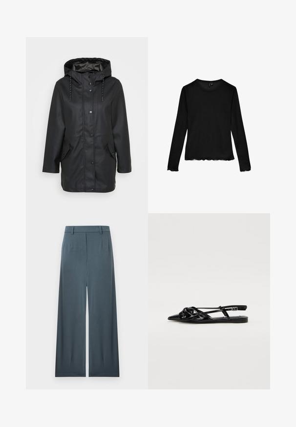 Sort vandtæt hættejakke med frontknapper, justerbar snorhætte og to klaplommer med trykknaplukninger.; Sort langærmet T-shirt med rund hals og bølgede kanter på ærmer og kant, lagt fladt på en hvid baggrund.; Koksgrå, vide bukser med høj talje, bæltestropper, forreste læg og en søm midt foran, lagt fladt på en hvid baggrund.; Sorte patentlæder slingback sko med spids tå, knude detalje på overdelen og flad sål. Har tynde stropper og justerbart spænde.