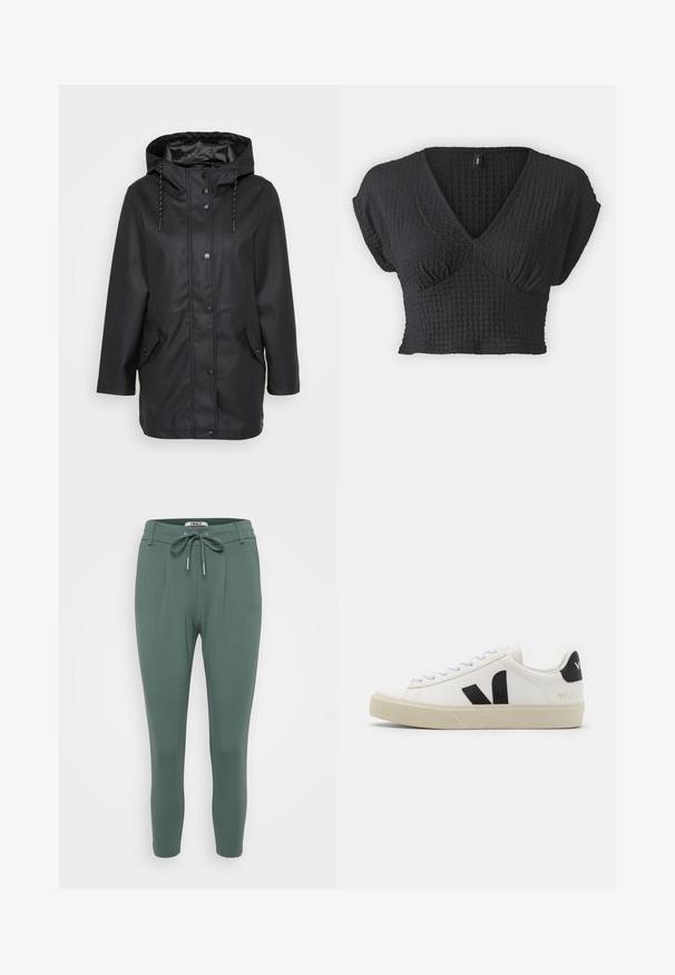 Schwarze wasserfeste Jacke mit Kapuze und Druckknöpfen auf der Vorderseite, verstellbarem Kordelzug an der Kapuze sowie zwei aufgesetzten Taschen mit Druckknopfverschlüssen.; ONLY Petite ONLASTRID - T-Shirt basic - black; Grüne, enganliegende Hose aus weichem, dehnbarem Material. Mit einem Kordelzugbund, Falten und schmal zulaufenden Beinen. Einfaches und minimalistisches Design.; Weißes Leder-Sneaker mit schwarzem Gummi-V-Logo. Strukturierte cremefarbene Sohle, weiße Schnürsenkel und Fersendetail in Schwarz mit dem Markennamen.