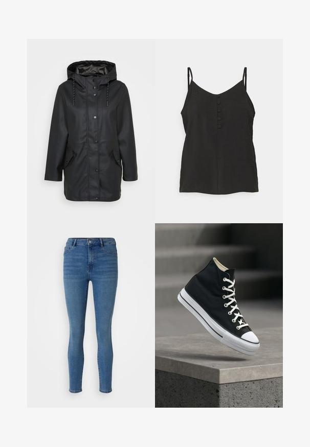 Sort vandtæt hættejakke med frontknapper, justerbar snorhætte og to klaplommer med trykknaplukninger.; Vero Moda Petite VMQUEENY SINGLET V NECK - Top - black; Slank jeans i medium blå denim, med en frontknaplukning, bæltestroppene og fem lommestil med en glat tekstur.; Sort højt sneakers med hvide snørebånd og gummisål balancerer på kanten af en grå betonplatform.