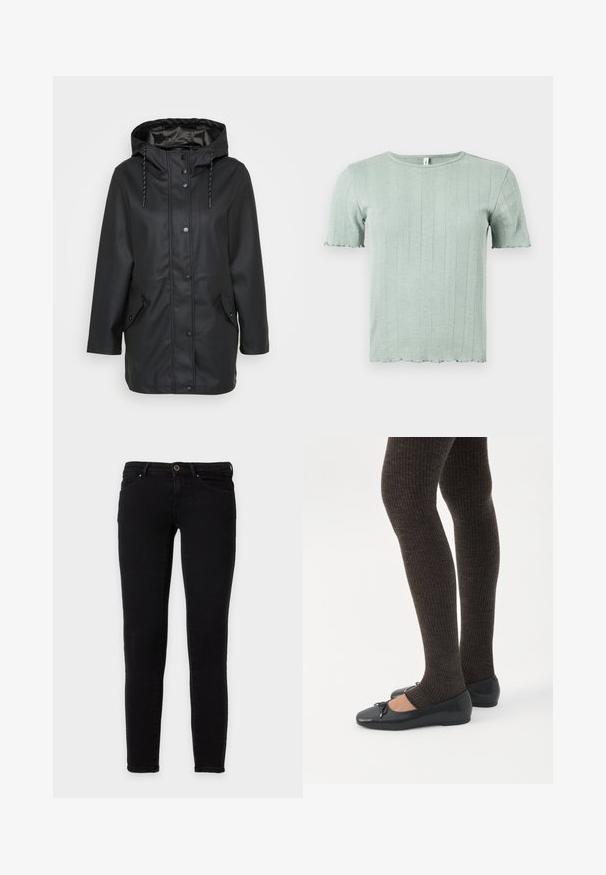 Μαύρο αδιάβροχο jacket με κουκούλα, μπροστινούς κουμπωτές κλαμπ, ρυθμιζόμενη κουκούλα με κορδόνι, και δύο τσέπες με καπάκι και κουμπώματα.; Ανοιχτοπράσινο κοντομάνικο πλεκτό τοπ με κάθετο ρίγες και διακριτικές λεπτομέρειες με τρυπητά, με στρογγυλή λαιμόκοψη και ελαφρώς σφηκοειδείς άκρες.; Μαύρο στενό τζιν με εμπρόσθιο κούμπωμα με κουμπί και φερμουάρ, τσέπες μπροστά και πίσω, εμφανίζεται σε λευκό φόντο.; Πόδια με σκουρόχρωμα ριμπ κολάν συνδυασμένα με μαύρα μπαλαρίνα παπούτσια με μικρές λεπτομέρειες φιόγκων σε λευκό φόντο.