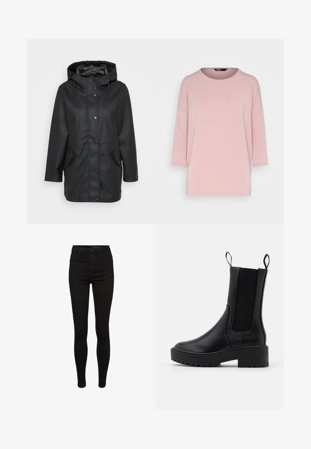 Schwarze wasserfeste Jacke mit Kapuze und Druckknöpfen auf der Vorderseite, verstellbarem Kordelzug an der Kapuze sowie zwei aufgesetzten Taschen mit Druckknopfverschlüssen.; ONLY ONLGLAMOUR 3/4 TOP JRS NOOS - Langarmshirt - withered rose; Schwarze Skinny-Jeans aus Denim mit hoher Taille, Fünf-Taschen-Design, Gürtelschlaufen und subtilen Nähdetails. Glatte Textur, figurbetonte Form.; Schwarze Knöchelstiefel mit einer glatten Lederoberfläche, elastischen Seitenpaneelen, Zuglaschen und einer dicken, strukturierten Sohle für zusätzlichen Grip.
