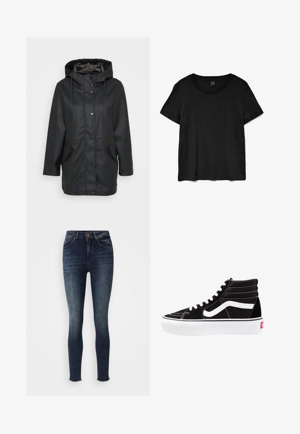 Schwarze wasserfeste Jacke mit Kapuze und Druckknöpfen auf der Vorderseite, verstellbarem Kordelzug an der Kapuze sowie zwei aufgesetzten Taschen mit Druckknopfverschlüssen.; Schwarzes Kurzarm-T-Shirt aus weichem Stoff. Verfügt über einen klassischen Rundhalsausschnitt und einen lockeren Schnitt mit geradem Saum.; Dunkelblaue Skinny Jeans mit vorderem Knopf- und Reißverschluss, Fünf-Taschen-Design und leichten Ausbleichungen an Oberschenkeln und Knien, ausgefranste Säume an den Knöcheln.; Schwarze High-Top-Sneaker mit weißen Schnürsenkeln, einem weißen Logo und kontrastierendem weißen Nähten. Verfügt über eine dicke weiße Sohle und ein strukturiertes Wildleder-Obermaterial.