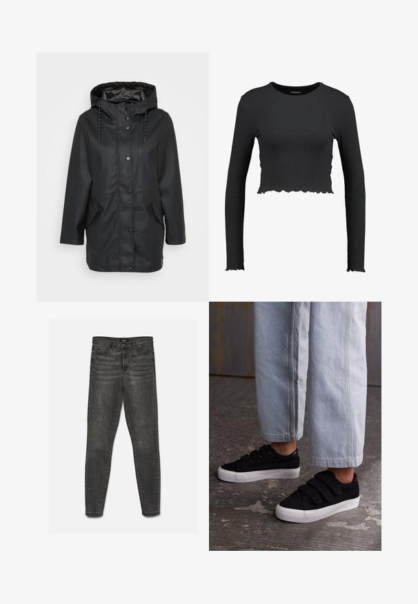 Veste noire imperméable à capuche avec boutons-pression à l'avant, capuche ajustable avec cordon de serrage et deux poches à rabat avec fermetures à pression.; Crop top noir à manches longues côtelé avec un col rond et un ourlet ondulé. Fabriqué dans un matériau extensible pour un look ajusté.; Jean slim gris foncé avec fermeture par bouton et zip, poches devant et dos, présenté à plat sur fond blanc.; Baskets en velours côtelé noir avec trois bandes Velcro et un dessus texturé. Semelle en caoutchouc blanc à profil bas. Portées avec un pantalon cropped bleu clair.