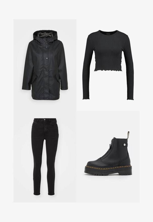 Schwarze wasserfeste Jacke mit Kapuze und Druckknöpfen auf der Vorderseite, verstellbarem Kordelzug an der Kapuze sowie zwei aufgesetzten Taschen mit Druckknopfverschlüssen.; Schwarz gerippter Langarm-Crop-Top mit einem runden Halsausschnitt und gewelltem Saum. Hergestellt aus einem dehnbaren Material für einen figurschmeichelnden Look.; Schwarze Skinny-Jeans aus Denim mit hoher Taille, ausgestattet mit fünf Taschen, einem Reißverschluss vorn und einem Metallknopf. Glatte Textur mit leichtem Stretch.; Schwarze Knöchelboots aus glattem Leder, ausgestattet mit einem seitlichen Reißverschluss, gelben Nähten und einer dicken, geriffelten Gummisohle.
