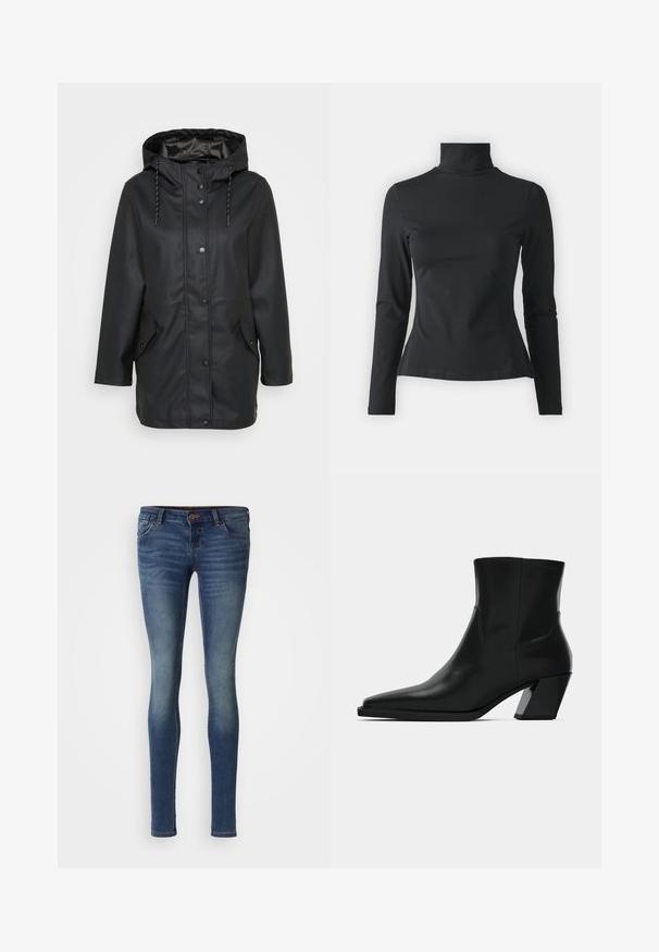 Schwarze wasserfeste Jacke mit Kapuze und Druckknöpfen auf der Vorderseite, verstellbarem Kordelzug an der Kapuze sowie zwei aufgesetzten Taschen mit Druckknopfverschlüssen.; Even&Odd Petite Langarmshirt - black; Schlanke Jeans, mittelblaues Denim, Fünf-Taschen-Design, leichtes Verblassen, Knopfverschluss, gestickte Nähte und eine figurbetonte Silhouette.; Schwarze Leder-Stiefelette mit spitzem Zeh, schlanker Silhouette und klobigem quadratischem Absatz. Glatte Textur mit minimalen Nähdetails.