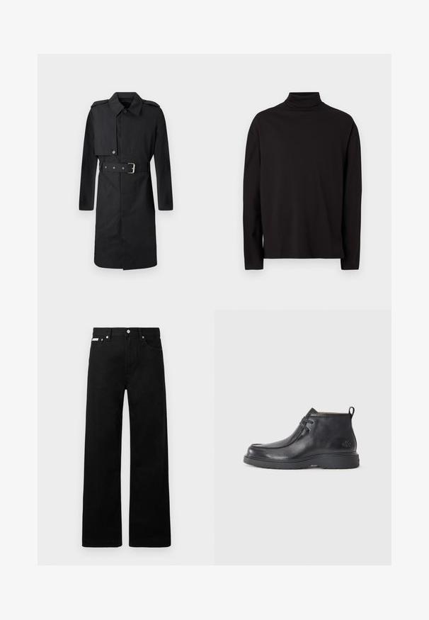 Trench coat negro de longitud hasta la rodilla con cinturón, solapa abotonada en el pecho derecho y epaulettes en los hombros, mostrado sobre fondo blanco.; Suéter de cuello vuelto negro de manga larga, elaborado con una tela suave y lisa, que tiene un corte holgado y carece de patrones o acentos visibles.; Pantalones de mezclilla negros con un diseño de pierna ancha, que cuentan con cinco bolsillos y herrajes de botón metálico. Textura suave, sin patrones visibles.; Botas de cuero negras hasta el tobillo con punta redondeada, diseño con cordones y una lengüeta en la parte trasera. Parte superior texturizada y suela de goma.