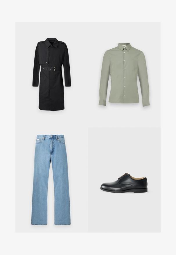 Trench coat negro de longitud hasta la rodilla con cinturón, solapa abotonada en el pecho derecho y epaulettes en los hombros, mostrado sobre fondo blanco.; Camisa de manga larga verde claro con cuello abotonado y botones blancos, mostrada sobre un fondo blanco liso.; Vaqueros de mezclilla azul claro de pierna recta con diseño de cinco bolsillos y cierre de botón en la cintura, exhibidos sobre un fondo simple.; Calvin Klein ESS DERBY - Zapatos de vestir - triple black