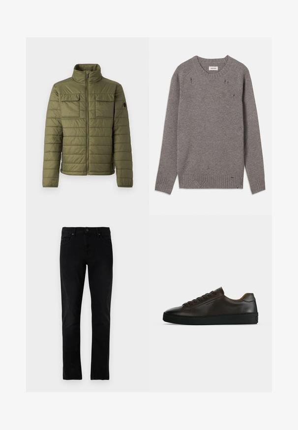 Veste rembourrée vert olive avec un col haut, deux poches poitrine et un motif matelassé vertical. Fermeture éclair et accent logo sur la manche.; Pull en tricot gris avec un col rond, des poignets et un ourlet côtelés, présentant de subtils détails usés le long des épaules et du bas.; Jeans en denim noir avec une coupe droite, style cinq poches et une taille standard, dotés de détails de couture subtils.; Baskets basses en cuir marron foncé avec semelle en caoutchouc noire, lacets à l'avant et design minimaliste épuré sur fond clair.