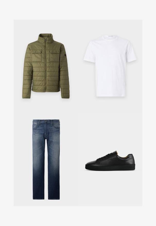 Chaqueta acolchada de color verde oliva con un alto cuello, dos bolsillos en el pecho y un patrón de acolchado vertical. Cierre de cremallera y acento de logo en la manga.; Camiseta blanca de algodón con escote redondo y mangas cortas. Textura suave, corte recto y diseño minimalista sin patrones ni acentos.; Jeans de pierna recta en lavado azul oscuro. Presenta cinco bolsillos, cierre de cremallera y botón. Textura ligeramente desteñida en el muslo. Tejido de mezclilla.; Zapatilla negra de piel de corte bajo con cordones negros, suela de goma texturizada y pequeño logo en relieve en el lateral, mostrada de perfil sobre fondo gris.