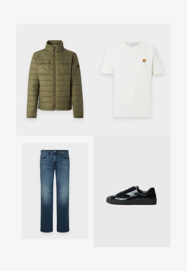 Chaqueta acolchada de color verde oliva con un alto cuello, dos bolsillos en el pecho y un patrón de acolchado vertical. Cierre de cremallera y acento de logo en la manga.; Camiseta blanca de manga corta con un pequeño logo bordado de una cabeza de zorro naranja en el lado izquierdo del pecho.; Vaqueros de mezclilla azul con corte de pierna recta, botón y cremallera delanteros, y cinco bolsillos, mostrados sobre un fondo sencillo.; Zapatillas de charol negro con punta redonda, diseño con cordones, suela de goma texturizada y acabado suave.