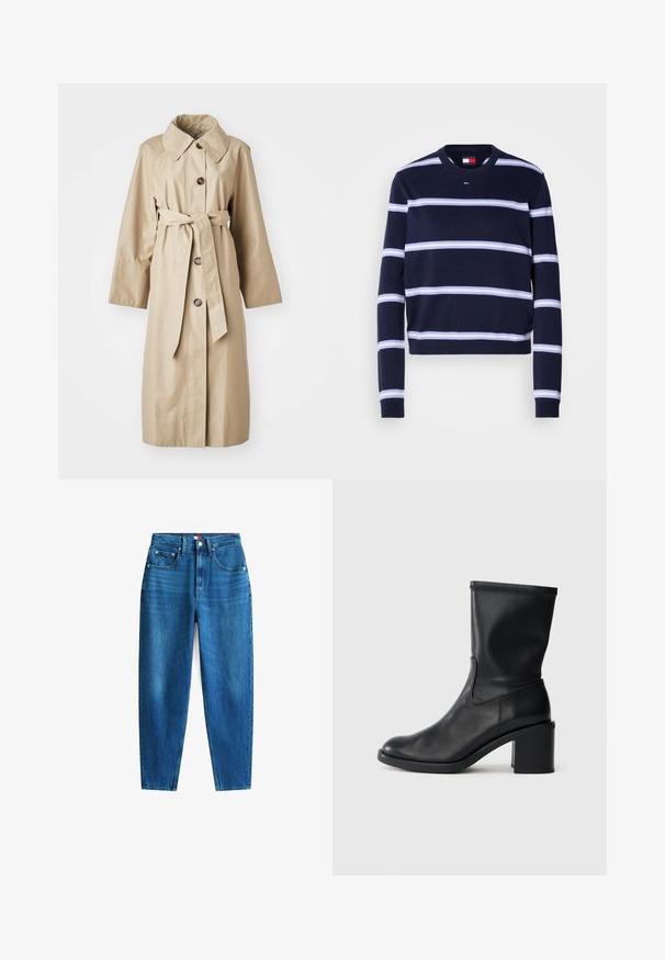 Bež trench coat sile siledest kangast, millel on lai krae, neli pruuni nuppu, vöö taljes ja pikad, laiad varrukad.; Merevalge triibulise mustriga kampsun horisontaalsete valgete triipude, soonikuga ümmarguse kaela ja istuvate mansettidega. Valmistatud pehmest kudumifabricist.; Sinine denimist valmistatud teksapüksid, millel on sirge jalgade kujundus, viis taskut, nööbid ja lukk, ning kerge kulumine tekstuuride varieerimise jaoks.; Must musta säärik, millel on ümar tera, sile tekstuur ja jäme konts, omades sobivat varrast ning peent õmblusdetaili.