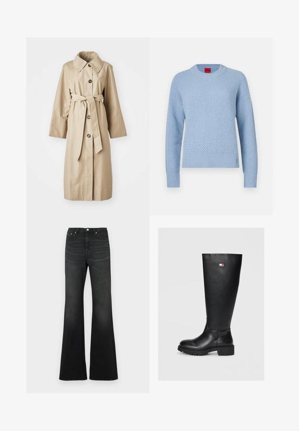 Bež trench coat sile siledest kangast, millel on lai krae, neli pruuni nuppu, vöö taljes ja pikad, laiad varrukad.; Hele sinine kootud kampsun, mis on tekstuurilt soonikuline, ümar kaelus ja vöökoha juures kootud detail. Pikkade varrukatega ja kitsaste mansettidega.; Mustad laiade säärega teksad, tehtud denimist. Kõrge vöökohaga, viie tasku ja vööaasadega. Puhas disain, taskutel peen õmblusega.; Mustad mustakõrguseni ulatuvad saapad, mis on valmistatud siledast nahast ja millel on tekstureeritud kummist soe, sisaldavad väikest logot tšehhi, valge ja sinise värviga.